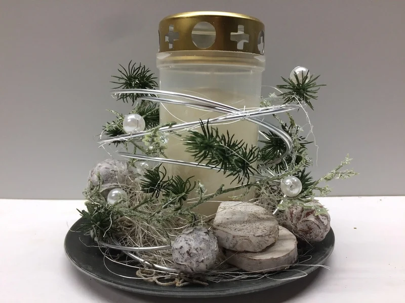 Grabgesteck 20cm mit Rose mit Windlicht – langlebiger Grabschmuck Seid