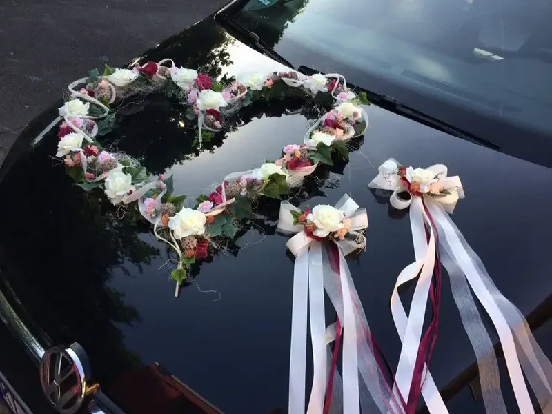 Brautauto Autoschmuck Set 3-teilig – Seidenblumen Hochzeitsdeko