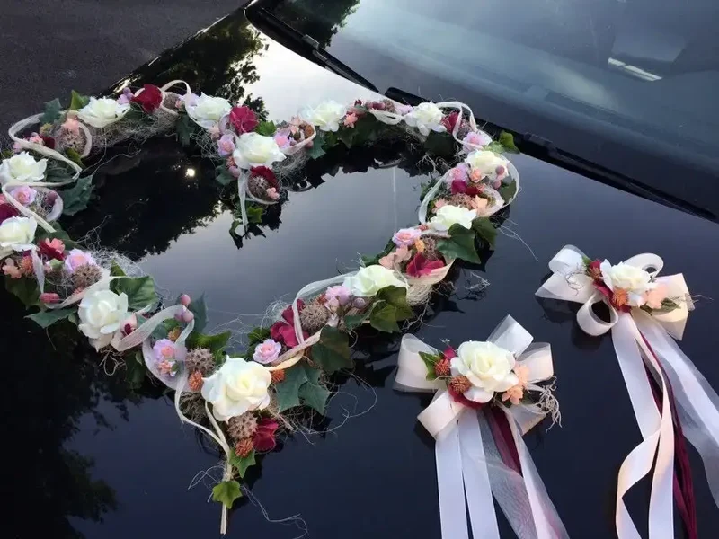 Brautauto Autoschmuck Set 3-teilig – Seidenblumen Hochzeitsdeko