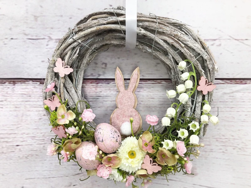 Frühlingskranz 20cm mit Hasen, Eiern & Schleierkraut – kleiner Osterkranz Seidenblumen