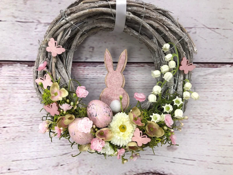 Frühlingskranz 20cm mit Hasen, Eiern & Schleierkraut – kleiner Osterkranz Seidenblumen