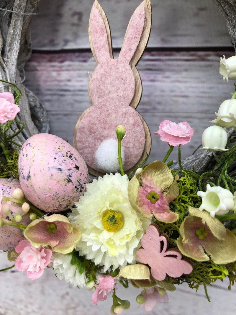 Frühlingskranz 20cm mit Hasen, Eiern & Schleierkraut – kleiner Osterkranz Seidenblumen