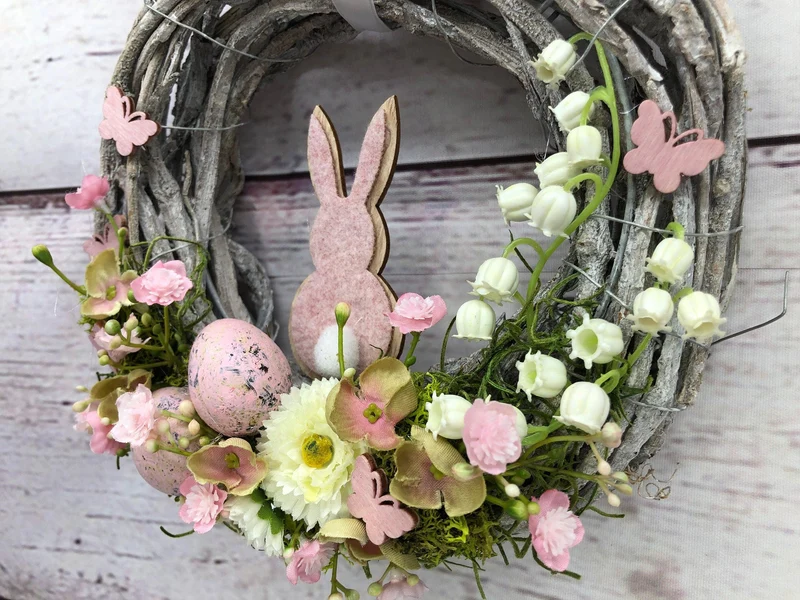 Frühlingskranz 20cm mit Hasen, Eiern & Schleierkraut – kleiner Osterkranz Seidenblumen