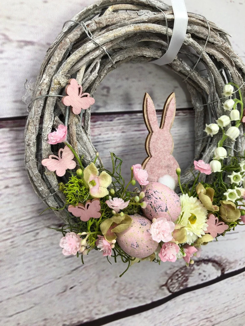 Frühlingskranz 20cm mit Hasen, Eiern & Schleierkraut – kleiner Osterkranz Seidenblumen