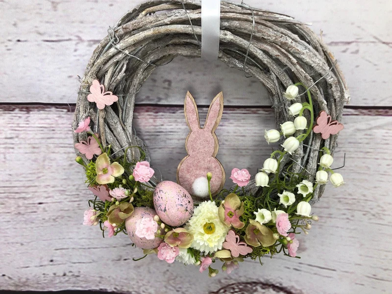 Frühlingskranz 20cm mit Hasen, Eiern & Schleierkraut – kleiner Osterkranz Seidenblumen