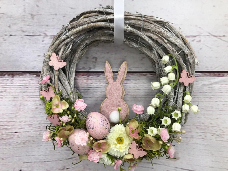 Frühlingskranz 20cm mit Hasen, Eiern & Schleierkraut – kleiner Osterkranz Seidenblumen