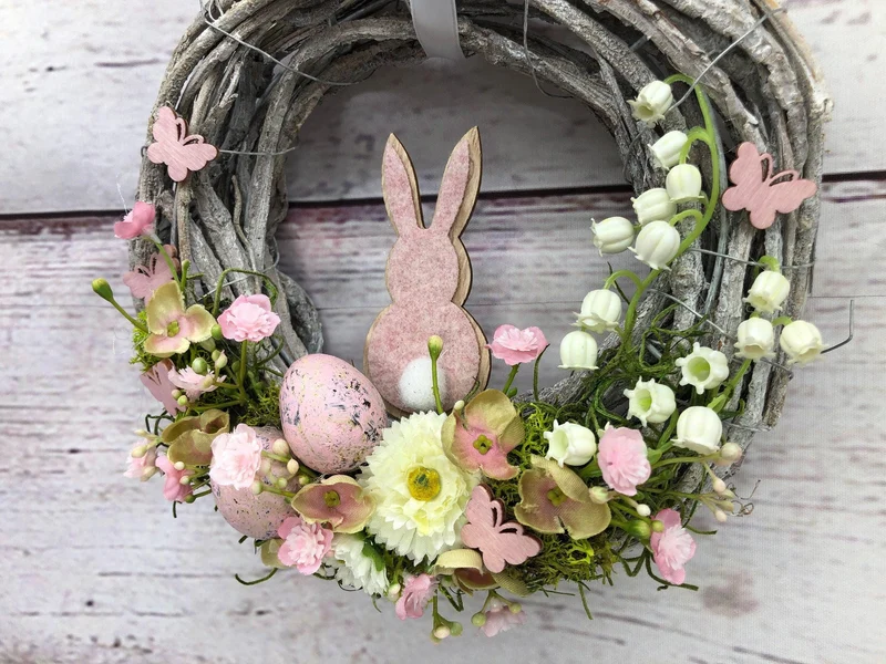 Frühlingskranz 20cm mit Hasen, Eiern & Schleierkraut – kleiner Osterkranz Seidenblumen
