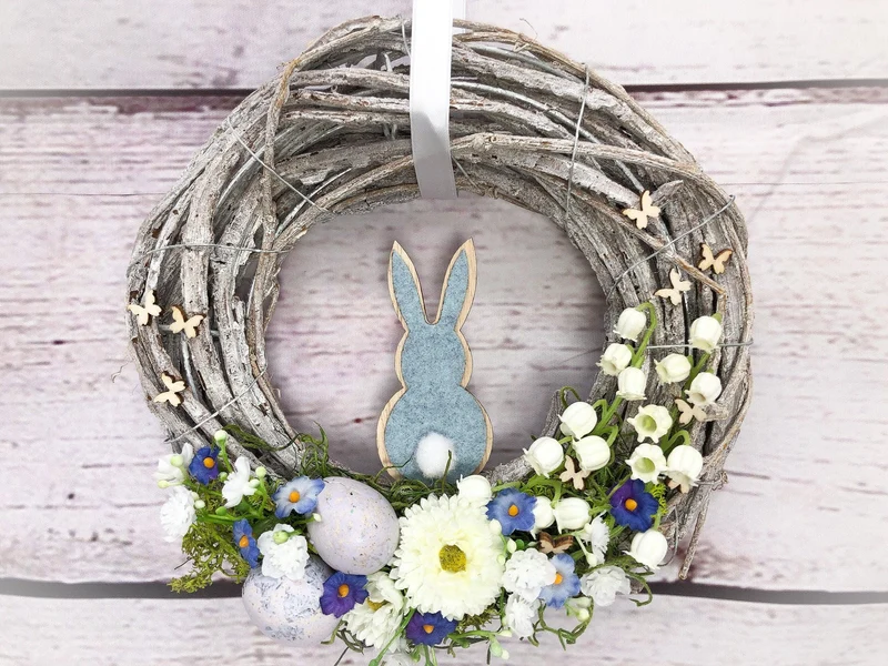 Türkranz Ostern Schleierkraut & Hasen – Frühlingskranz Seidenblumen handgefertigt