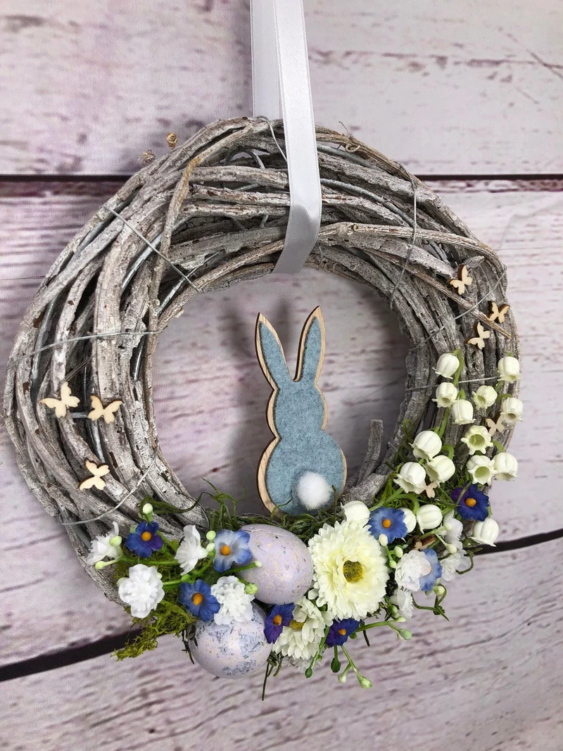 Türkranz Ostern Schleierkraut & Hasen – Frühlingskranz Seidenblumen handgefertigt