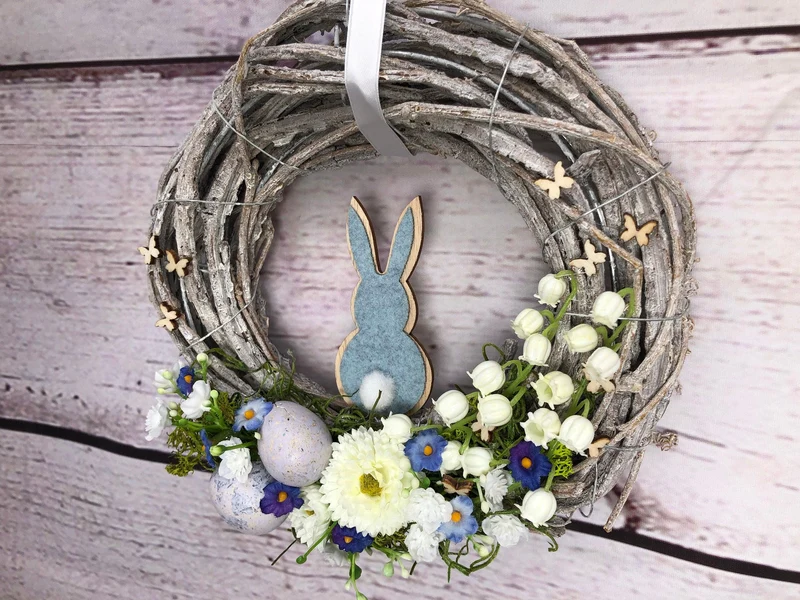 Türkranz Ostern Schleierkraut & Hasen – Frühlingskranz Seidenblumen handgefertigt
