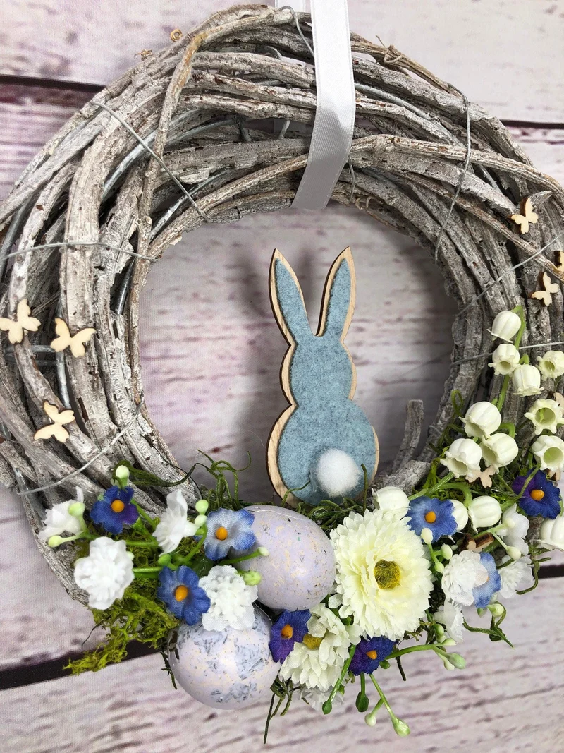 Türkranz Ostern Schleierkraut & Hasen – Frühlingskranz Seidenblumen handgefertigt