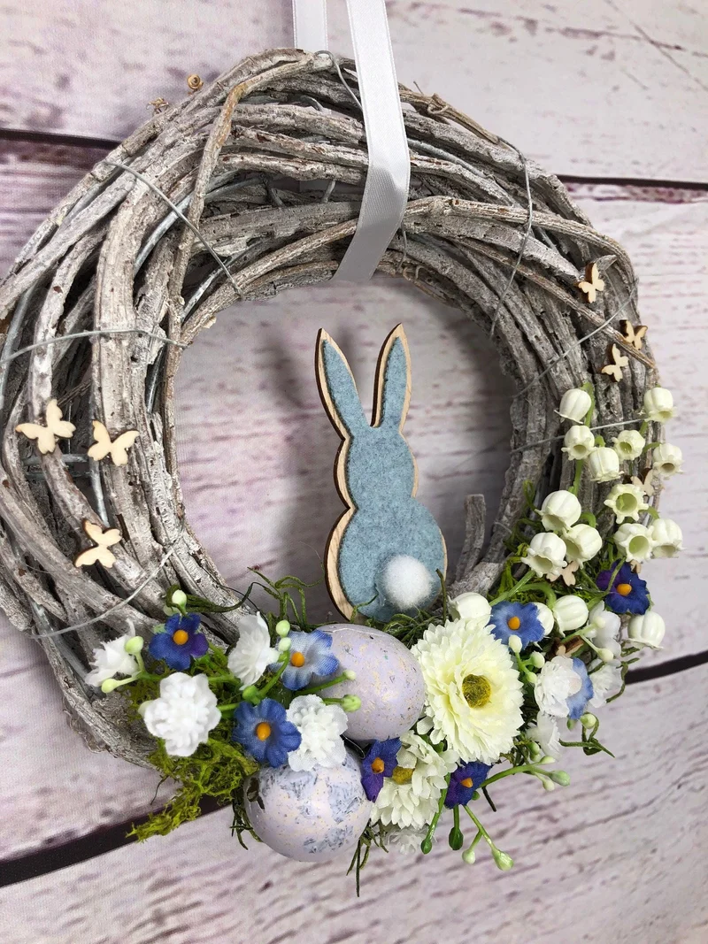 Türkranz Ostern Schleierkraut & Hasen – Frühlingskranz Seidenblumen handgefertigt