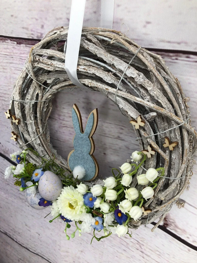 Türkranz Ostern Schleierkraut & Hasen – Frühlingskranz Seidenblumen handgefertigt
