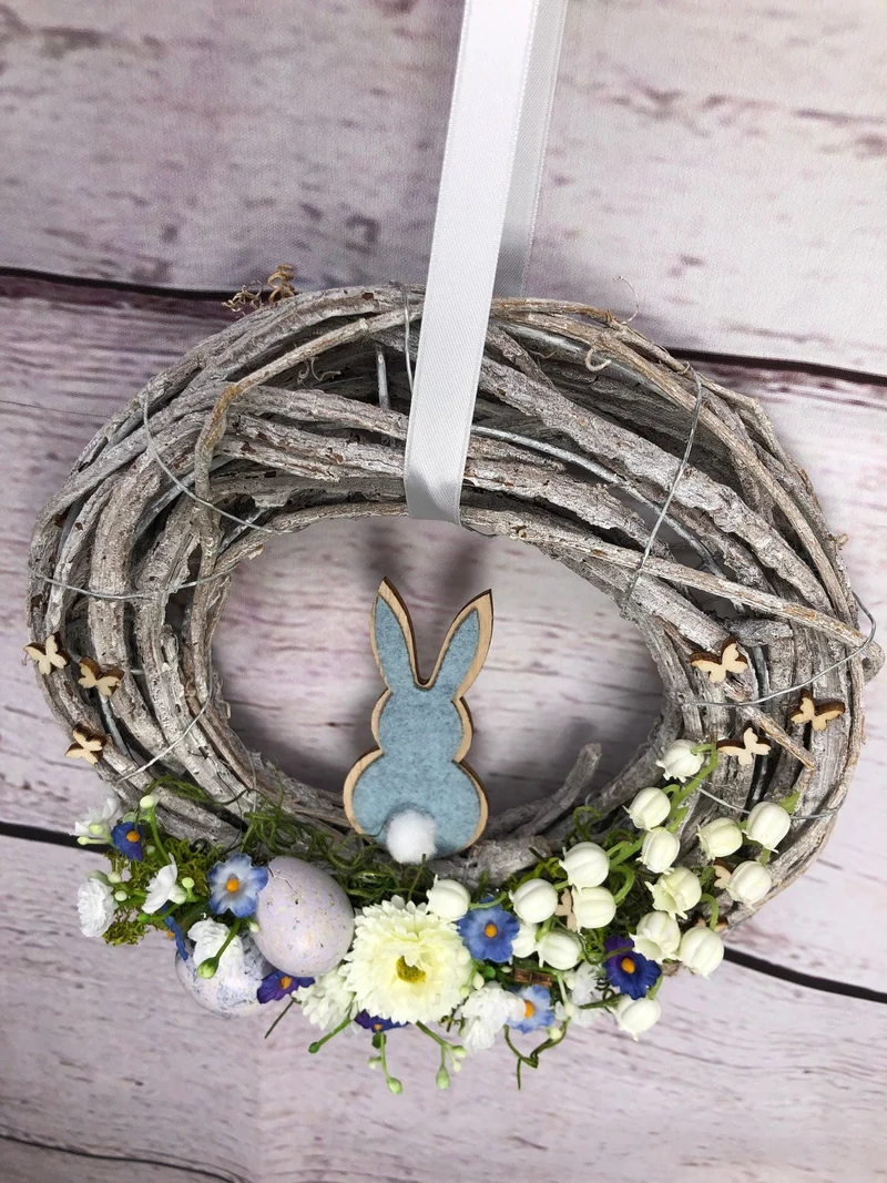 Türkranz Ostern Schleierkraut & Hasen – Frühlingskranz Seidenblumen handgefertigt