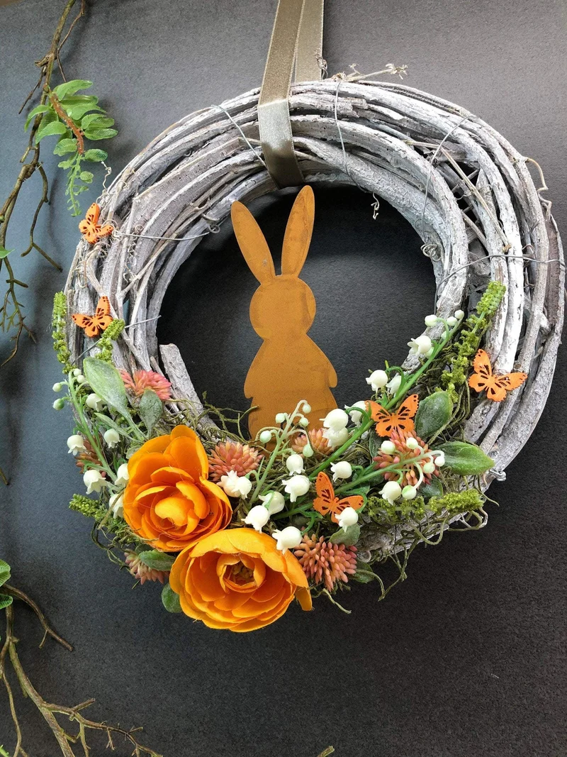 Osterkranz Türdeko Wunschfarbe – Frühlingskranz mit Hasen & Maiglöckchen