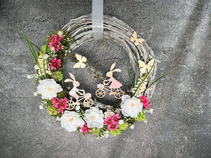 Frühlingskranz Türdeko mit Hasen, Eiern & Schleierkraut – Seidenblumen Osterkranz