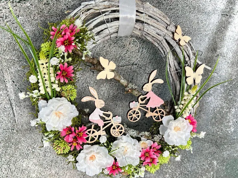 Frühlingskranz Türdeko mit Hasen, Eiern & Schleierkraut – Seidenblumen Osterkranz