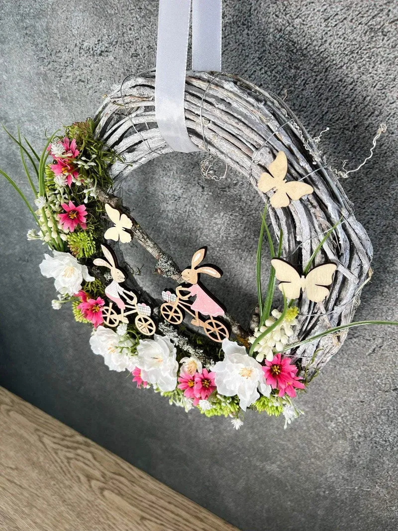 Frühlingskranz Türdeko mit Hasen, Eiern & Schleierkraut – Seidenblumen Osterkranz