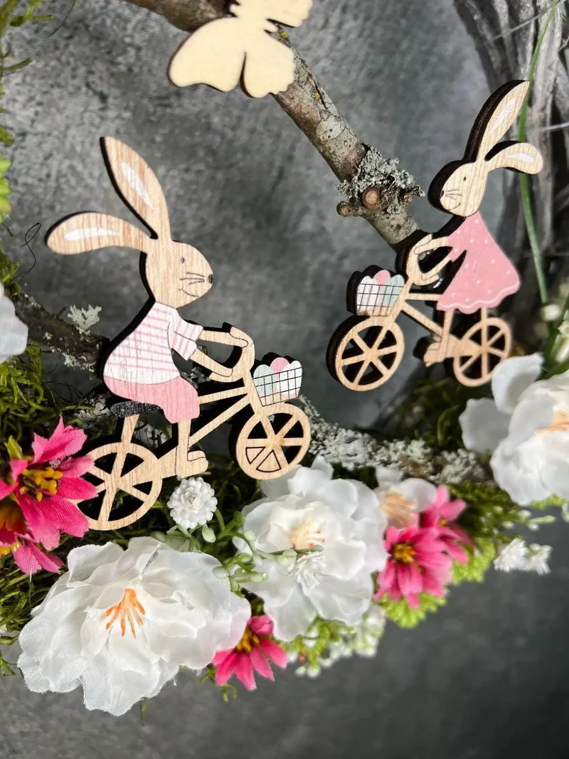 Frühlingskranz Türdeko mit Hasen, Eiern & Schleierkraut – Seidenblumen Osterkranz