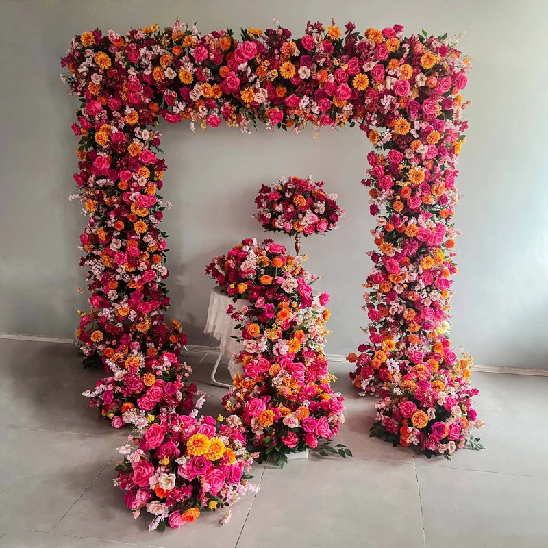 Premium Seidenblumen Arrangement Fuchsia & Orange – Dahlien, Rosen, Ranunkeln & Hortensien | Bogen- & Tischdekoration