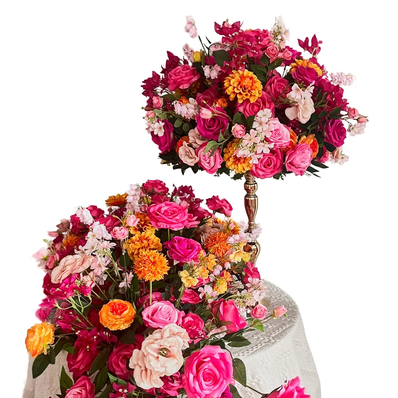 Premium Seidenblumen Arrangement Fuchsia & Orange – Dahlien, Rosen, Ranunkeln & Hortensien | Bogen- & Tischdekoration
