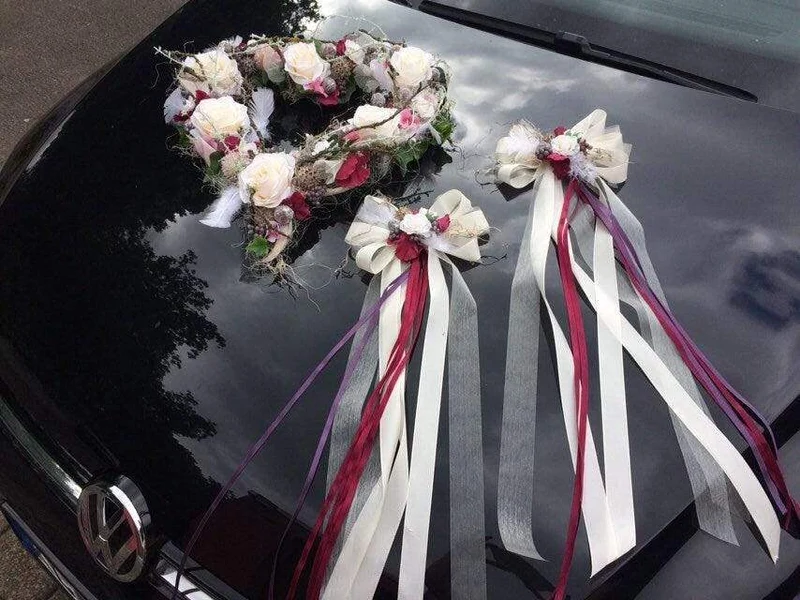 Autoschmuck Set 3-teilig Hochzeit Seidenblumen – Herz und Schleifen