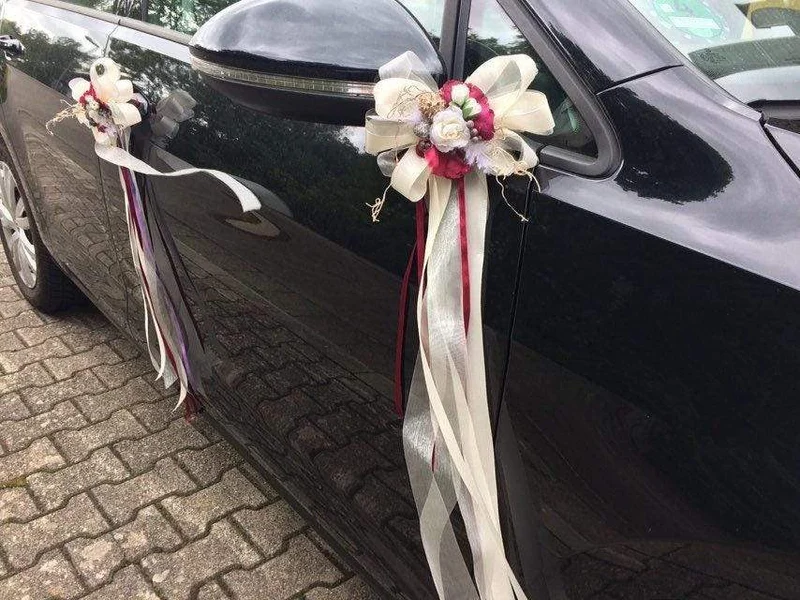 Autoschmuck Set 3-teilig Hochzeit Seidenblumen – Herz und Schleifen