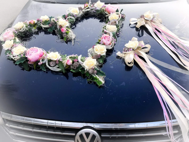 Autoschmuck Set Hochzeit 3-teilig – Pfingstrose Seidenblumen handgefer