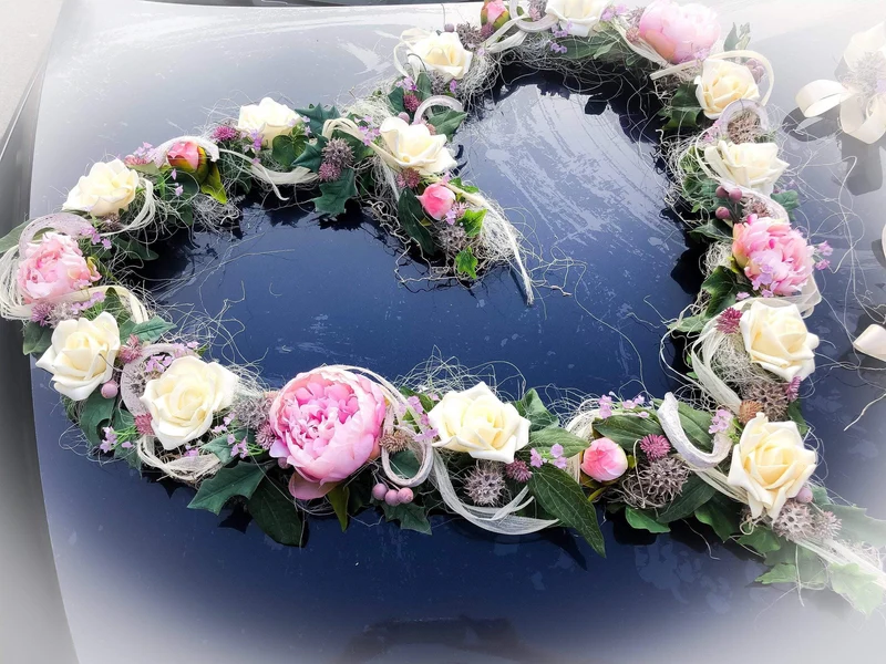 Autoschmuck Set Hochzeit 3-teilig – Pfingstrose Seidenblumen handgefer