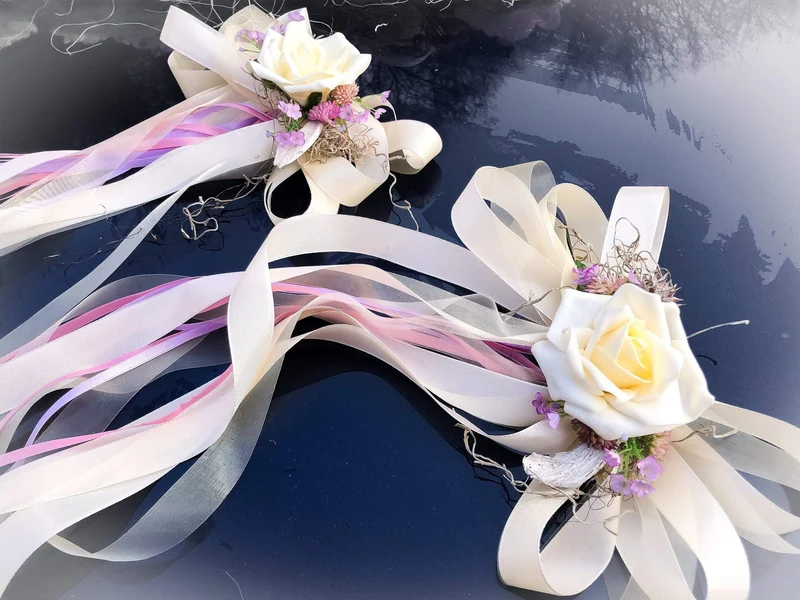 Autoschmuck Set Hochzeit 3-teilig – Pfingstrose Seidenblumen handgefer