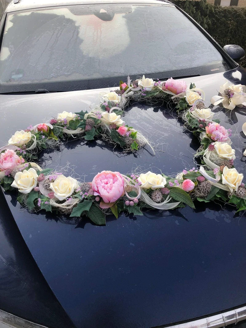 Autoschmuck Set Hochzeit 3-teilig – Pfingstrose Seidenblumen handgefer