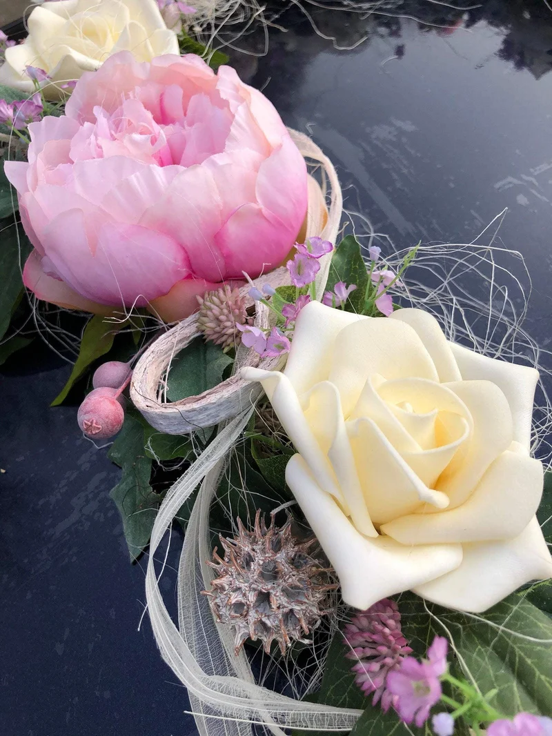 Autoschmuck Set Hochzeit 3-teilig – Pfingstrose Seidenblumen handgefer