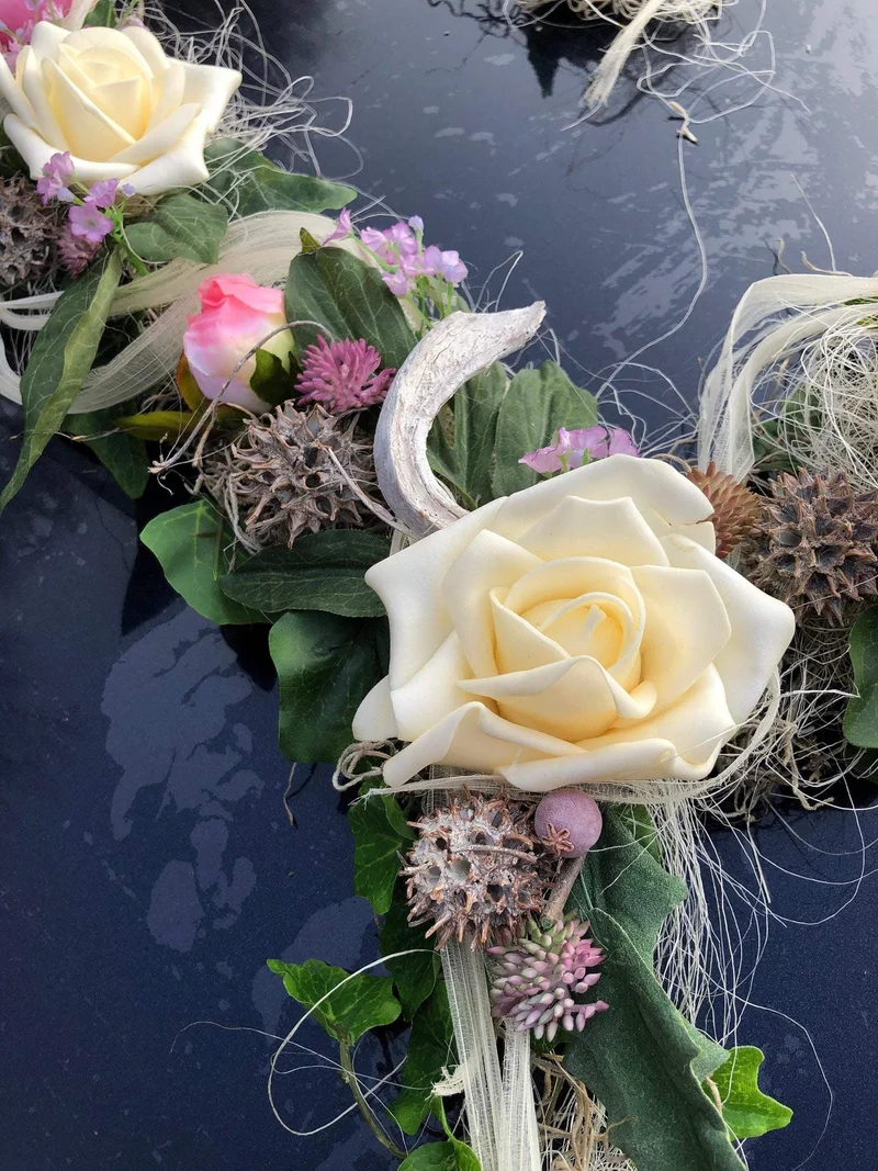 Autoschmuck Set Hochzeit 3-teilig – Pfingstrose Seidenblumen handgefer