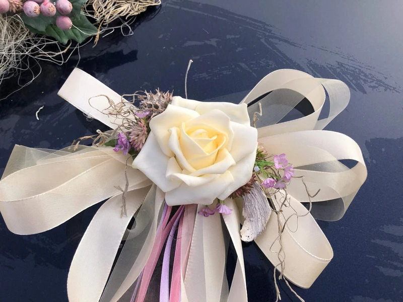 Autoschmuck Set Hochzeit 3-teilig – Pfingstrose Seidenblumen handgefer
