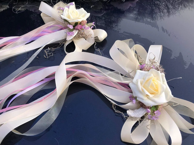 Autoschmuck Set Hochzeit 3-teilig – Pfingstrose Seidenblumen handgefer