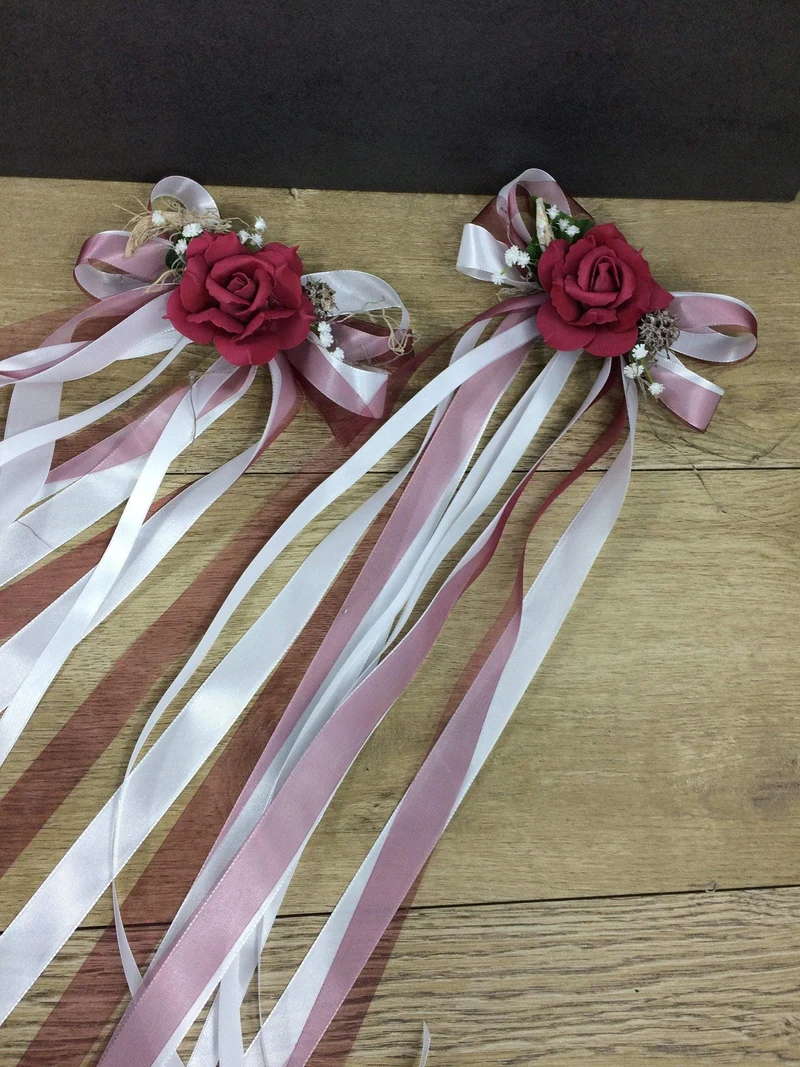 Seidenblumen Autoschleifen Hochzeit 2er Set – Brautauto Schmuck
