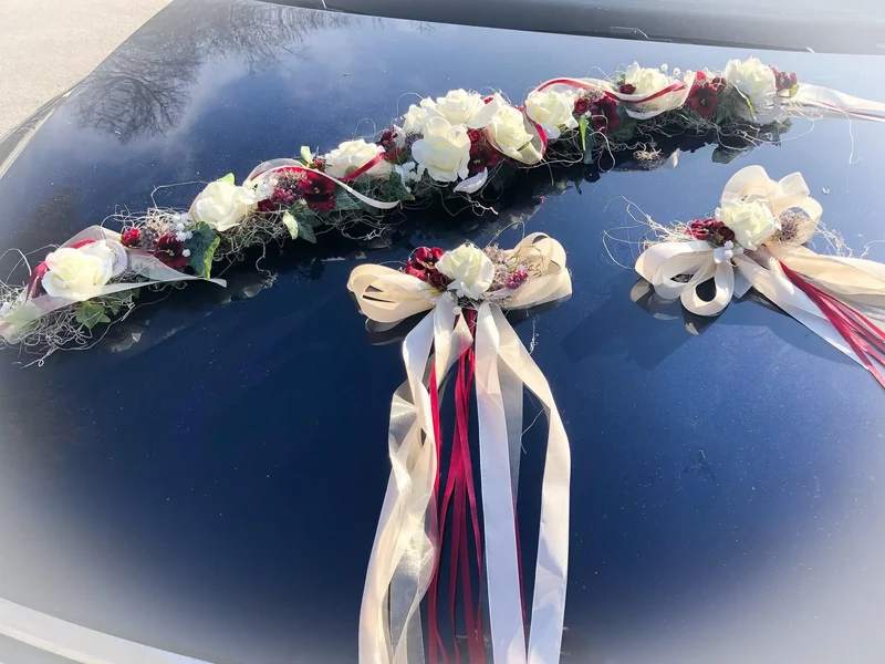 Hochzeit Autoschmuck Set 3-teilig – Seidenblumen Brautauto Schmuck