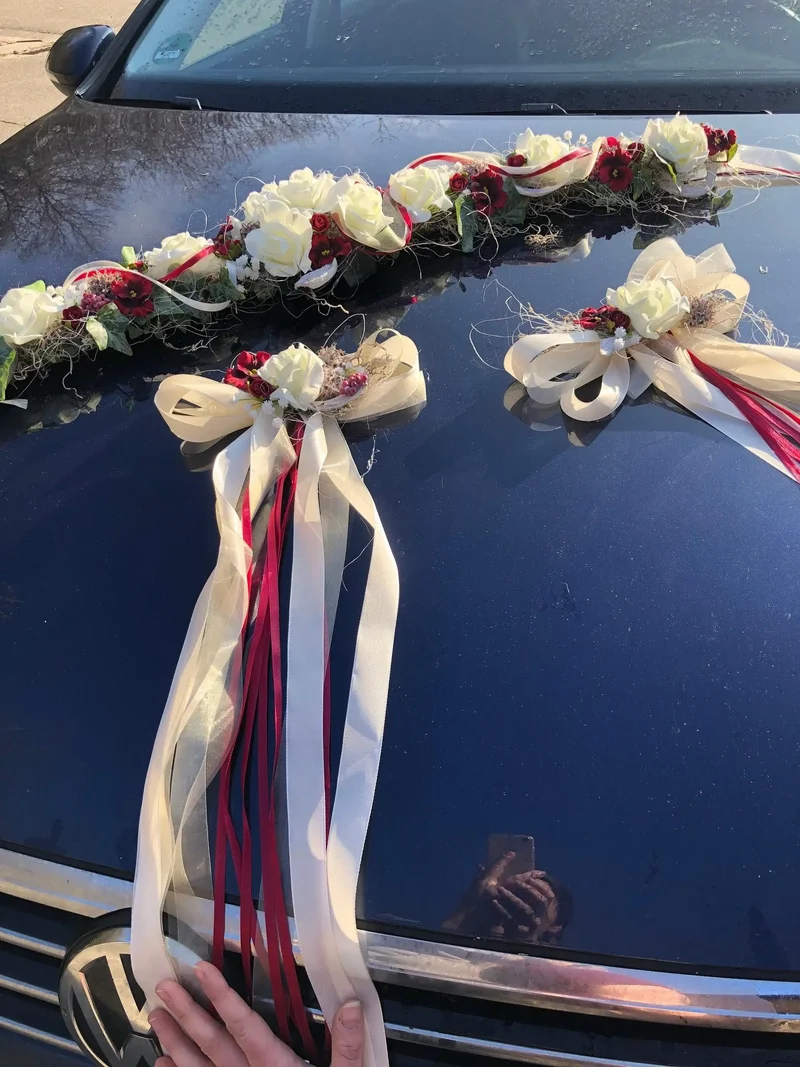 Hochzeit Autoschmuck Set 3-teilig – Seidenblumen Brautauto Schmuck