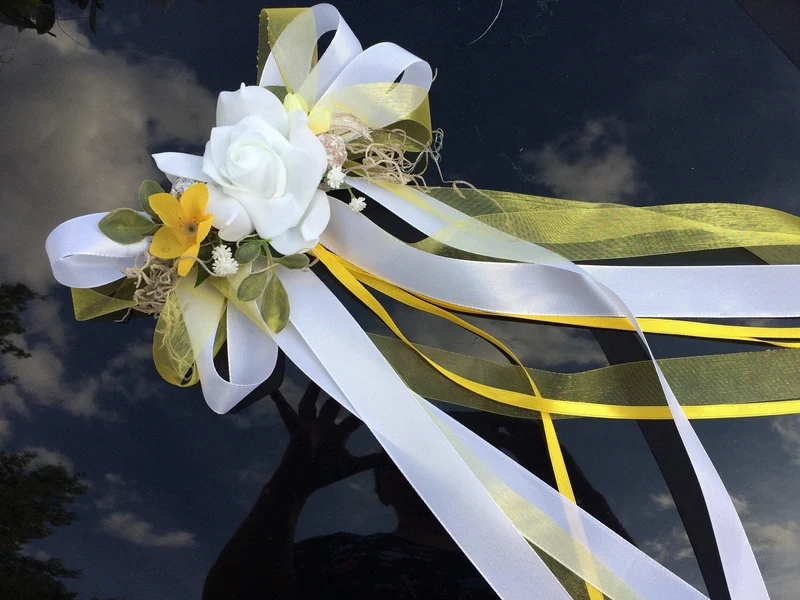 Hochzeit Autoschmuck Set 3-teilig – Seidenblumen Brautauto Schmuck