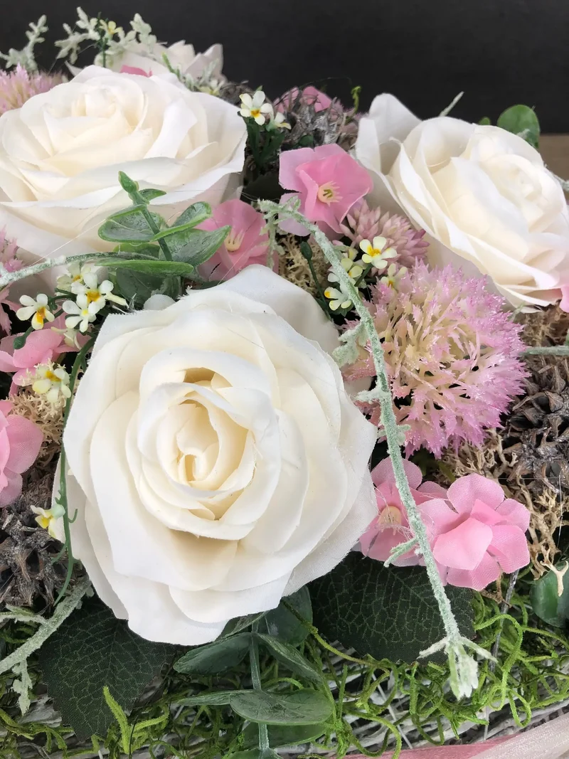 Grabherz Rose mit Wiesenblumen – Grabschmuck Seidenblumen langlebig