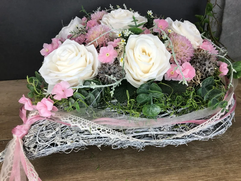 Grabherz Rose mit Wiesenblumen – Grabschmuck Seidenblumen langlebig