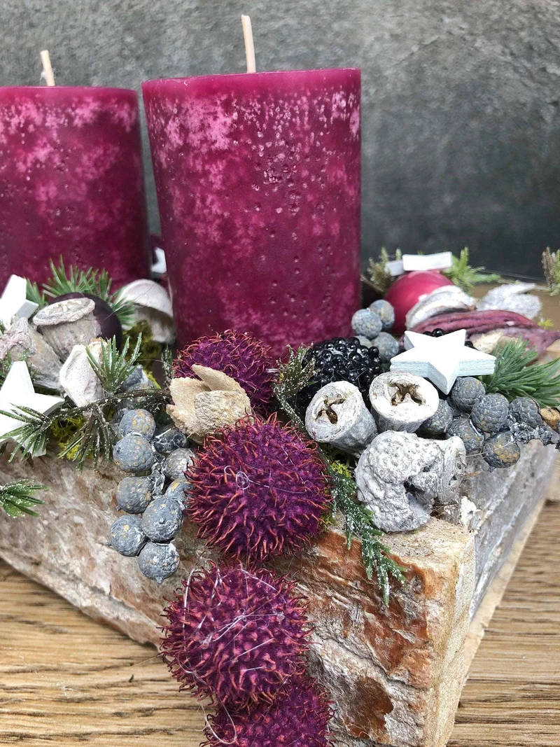 Adventsgesteck länglich Beeren Eicheln – Tablett Advent mehrjährig