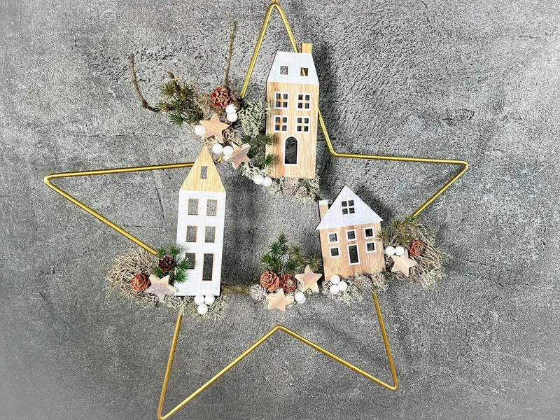 Fensterschmuck Stern 50cm mit Häusern – Weihnachtsdeko Wunschfarbe LED