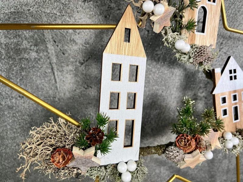Fensterschmuck Stern 50cm mit Häusern – Weihnachtsdeko Wunschfarbe LED