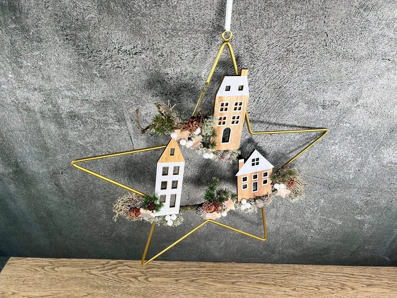 Fensterschmuck Stern 50cm mit Häusern – Weihnachtsdeko Wunschfarbe LED
