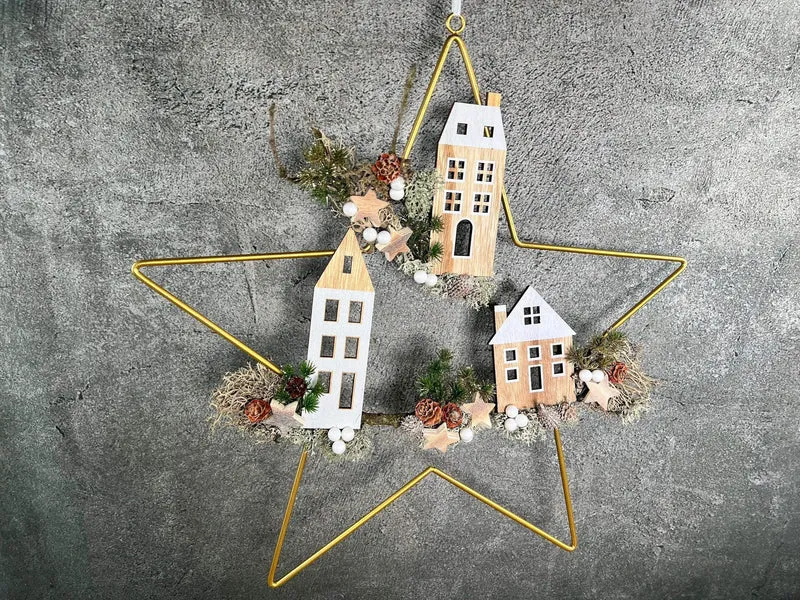 Fensterschmuck Stern 50cm mit Häusern – Weihnachtsdeko Wunschfarbe LED