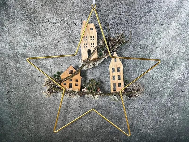 Fensterschmuck Stern 50cm mit Häusern – Weihnachtsdeko Wunschfarbe LED