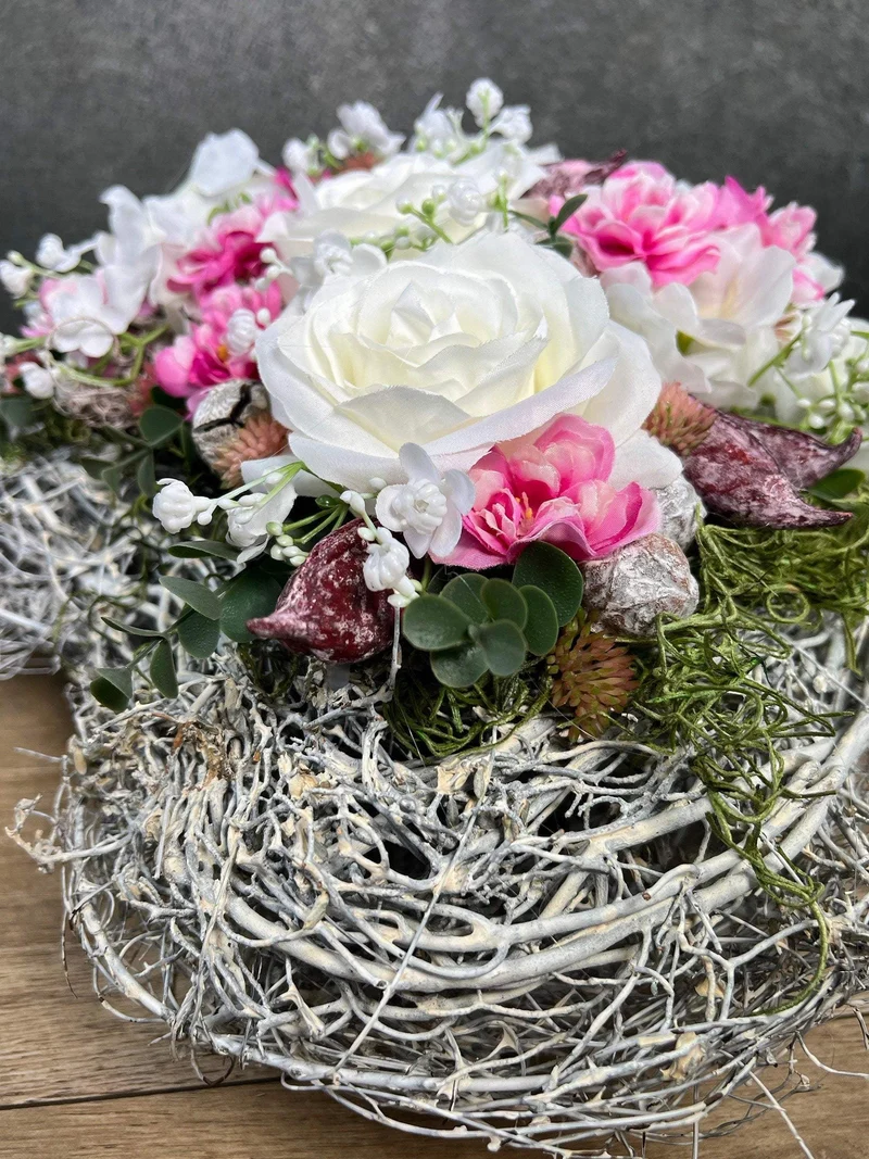 Seidenblumen Grabschmuck Herz Rose mit Wiesenblumen – handgefertigt –