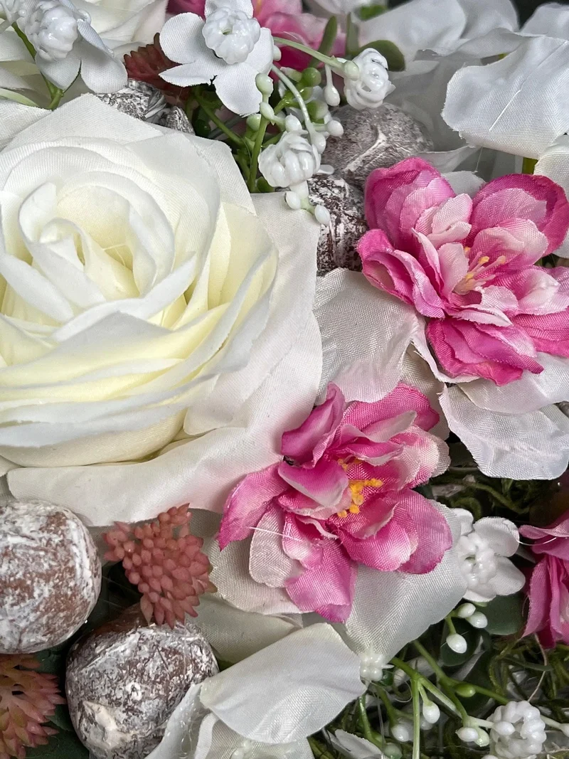 Seidenblumen Grabschmuck Herz Rose mit Wiesenblumen – handgefertigt –