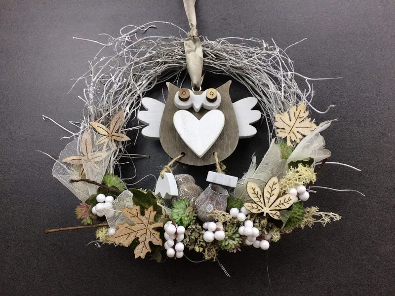 Herbstkranz Türdeko mit Eule 22cm – handgefertigt & stilvoll